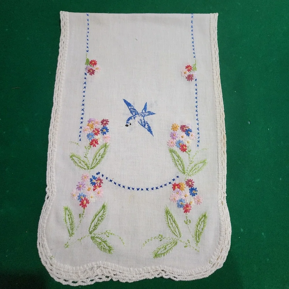 Antique Hand Embroidered Table Runner Bluebird Floral Crochet Lace Trim 36x11